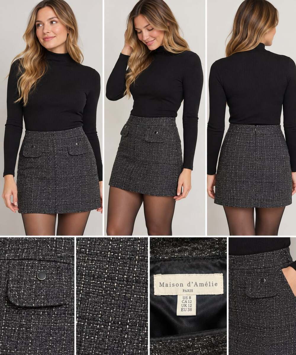 Maison D'Amélie Tweed Skirt Size US 8 Black Pocket Wool Blend